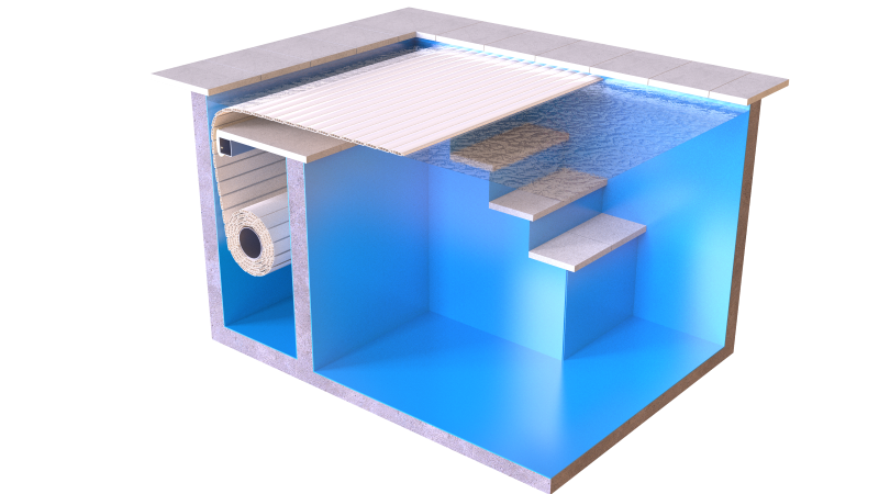 Volet de piscine immergé, enrouleur intégré au bassin